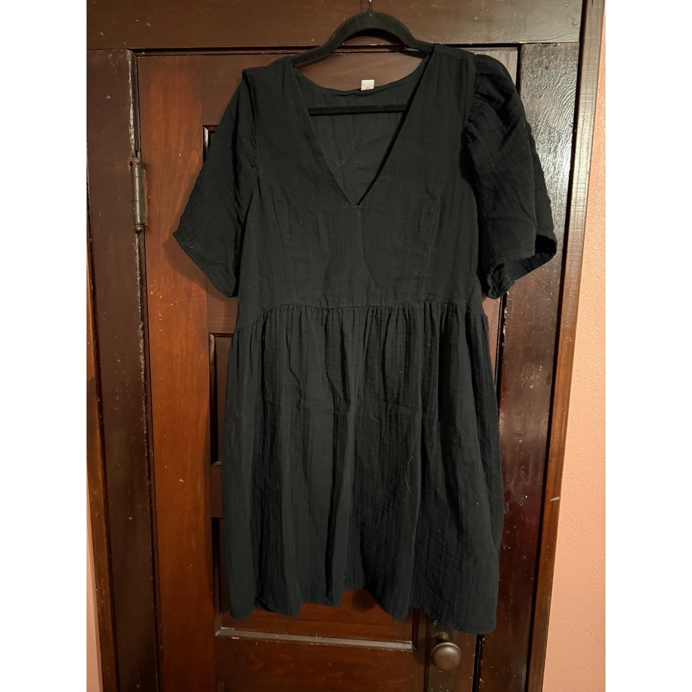 Old Navy Womens Black Cotton Gauze V-Neck Puff Sleeve Babydoll Mini Dress L